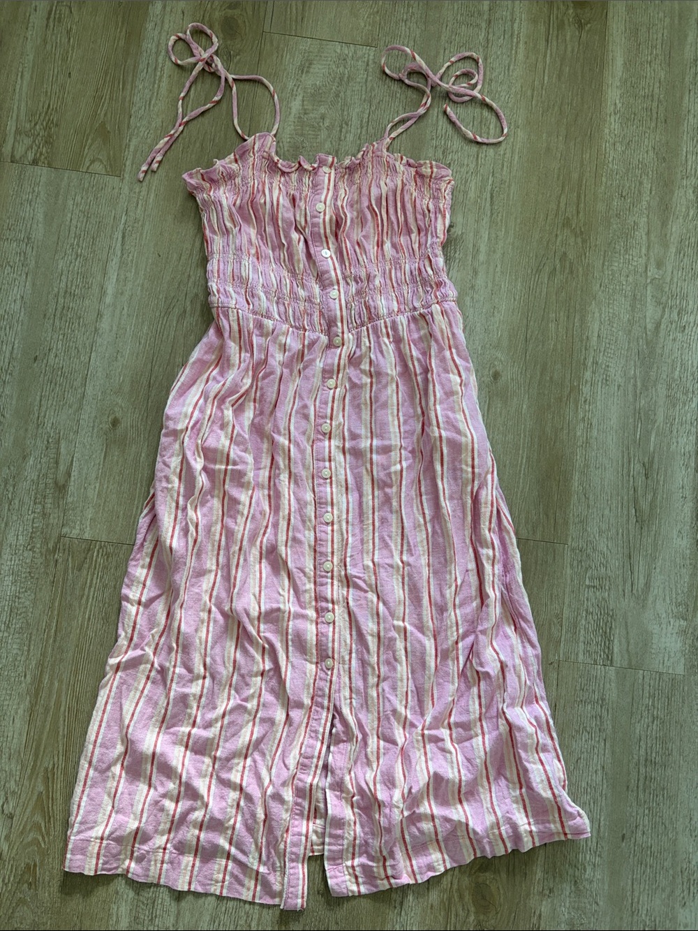 Pink Striped Button-Front Midi Sundress Linen Blend